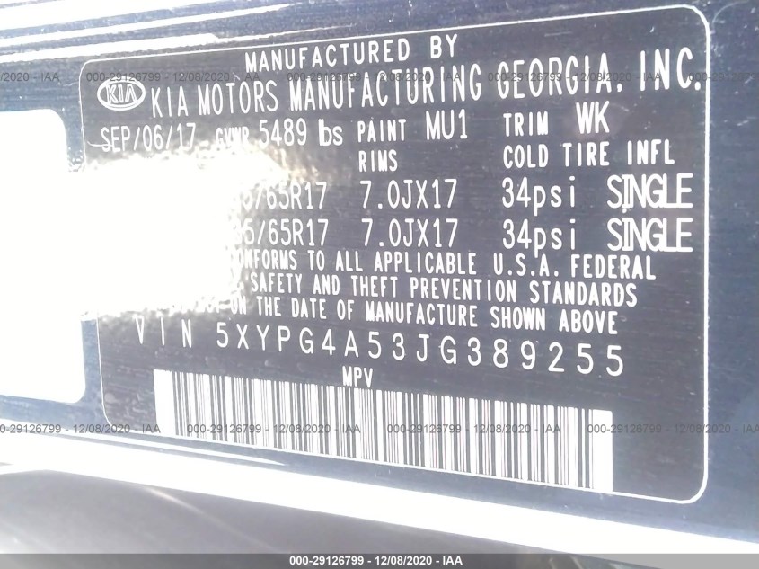 KIA SORENTO 5XYPG4A53JG389255
