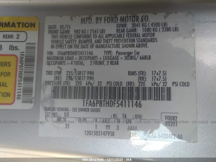 FORD MUSTANG 1FA6P8TH0F5411146