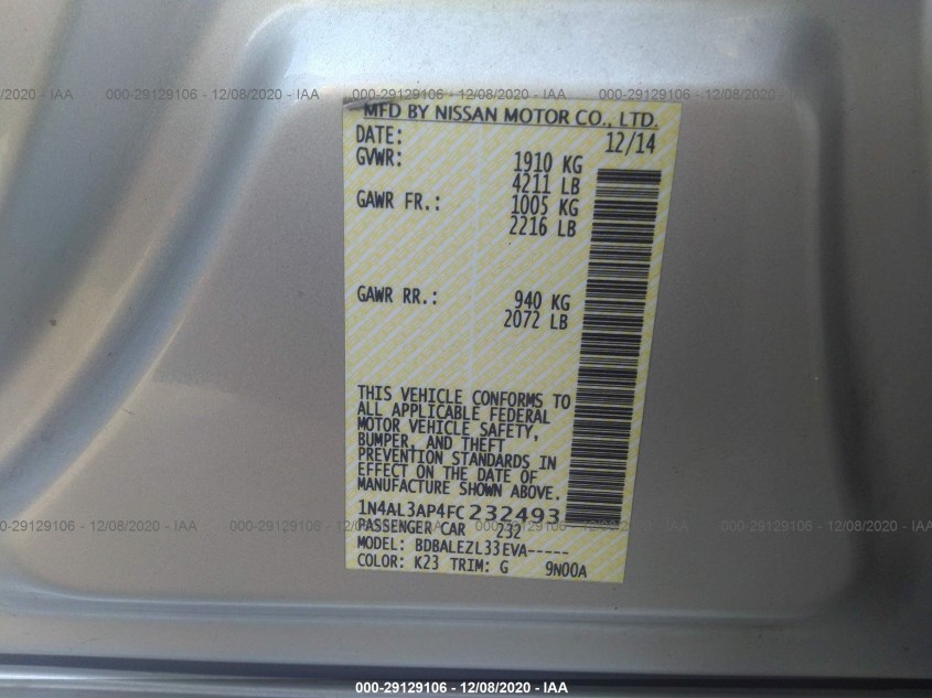 NISSAN ALTIMA 1N4AL3AP4FC232493