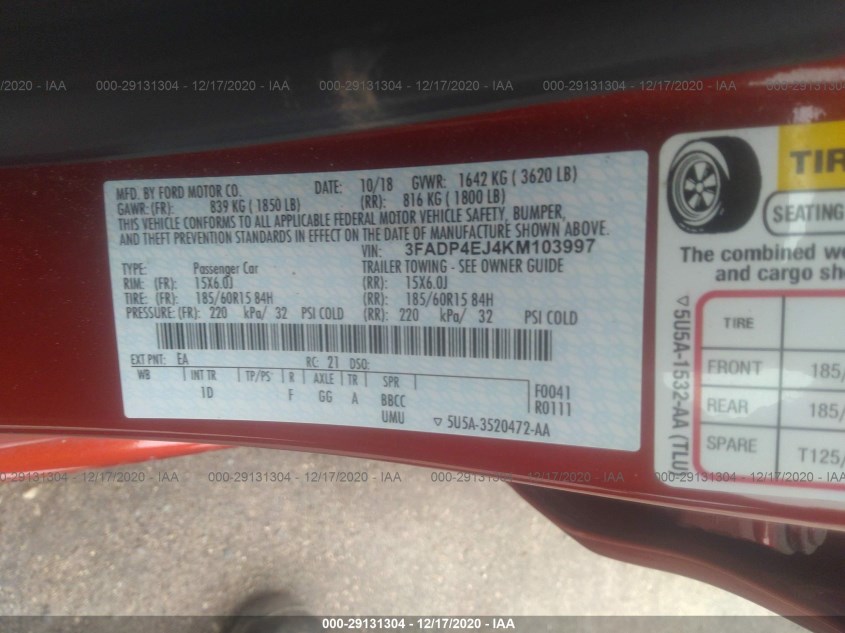 FORD FIESTA 3FADP4EJ4KM103997