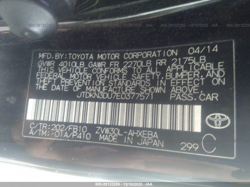 TOYOTA PRIUS JTDKN3DU7E0377571