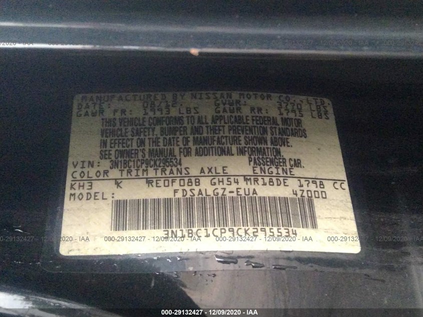 NISSAN VERSA 3N1BC1CP9CK295534
