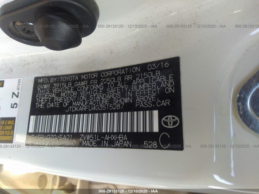 TOYOTA PRIUS JTDKARFU4G3515287