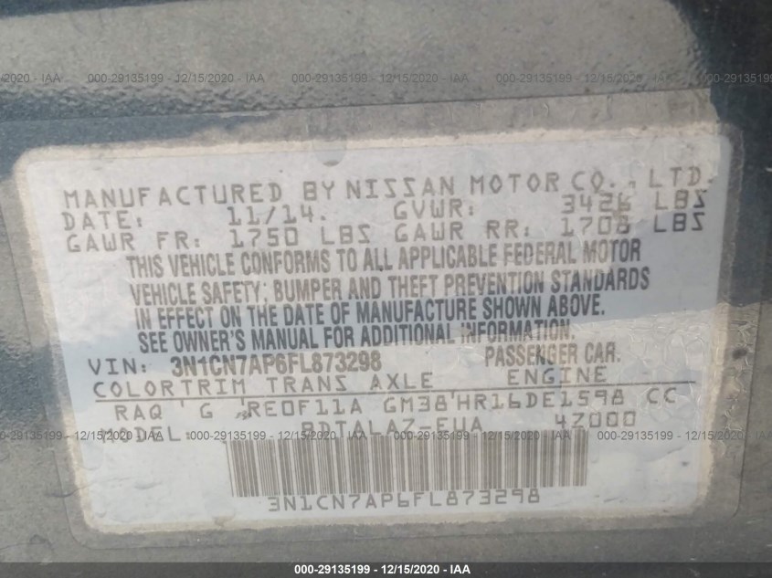 NISSAN VERSA 3N1CN7AP6FL873298