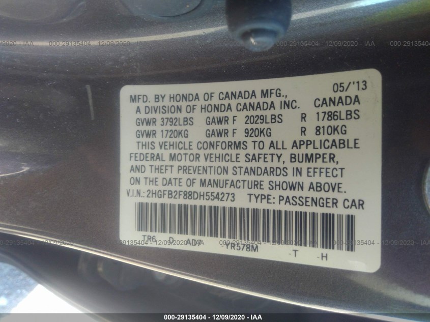 HONDA CIVIC SDN 2HGFB2F88DH554273