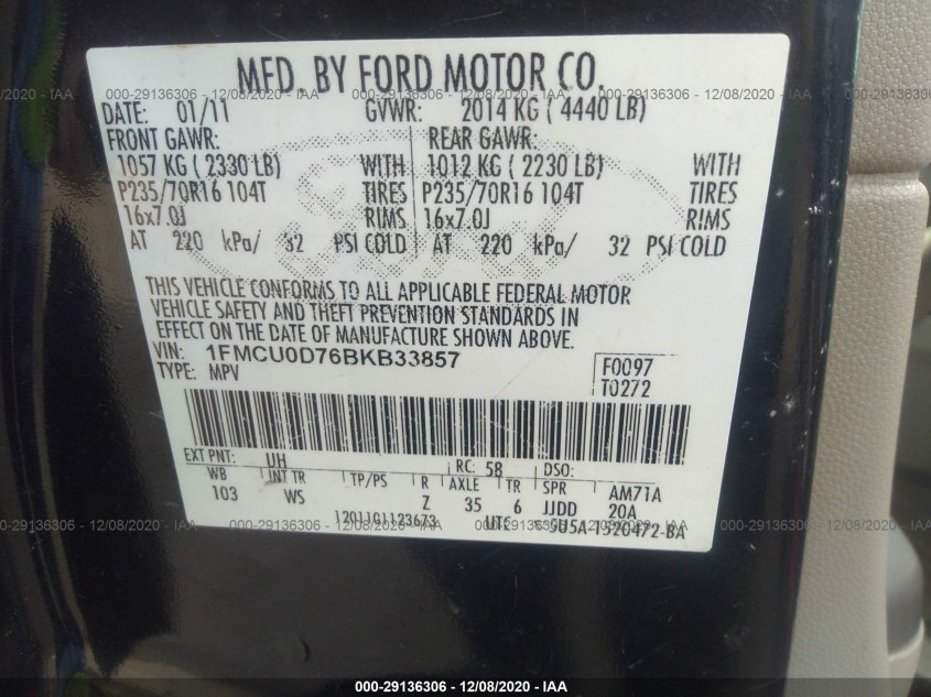 FORD ESCAPE 1FMCU0D76BKB33857