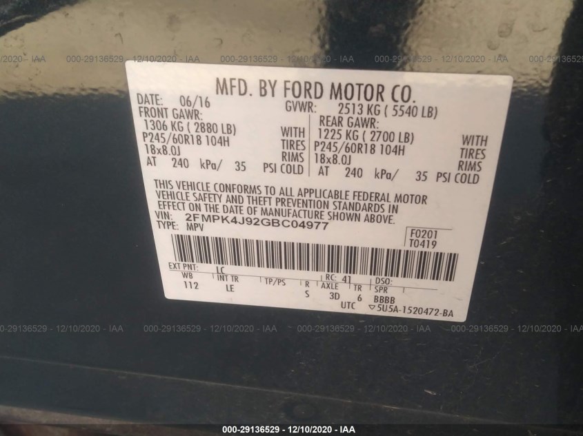 FORD EDGE 2FMPK4J92GBC04977