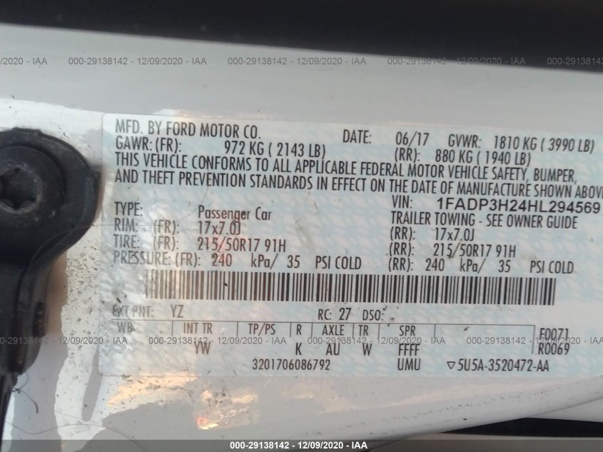 FORD FOCUS 1FADP3H24HL294569