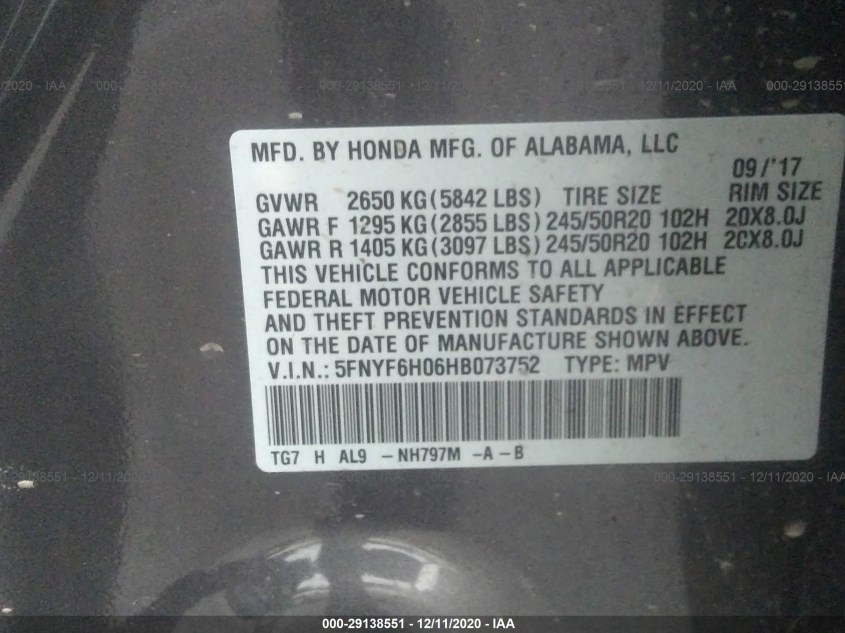 HONDA PILOT 5FNYF6H06HB073752