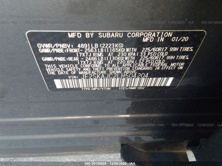 SUBARU FORESTER JF2SKAJC2LH504204