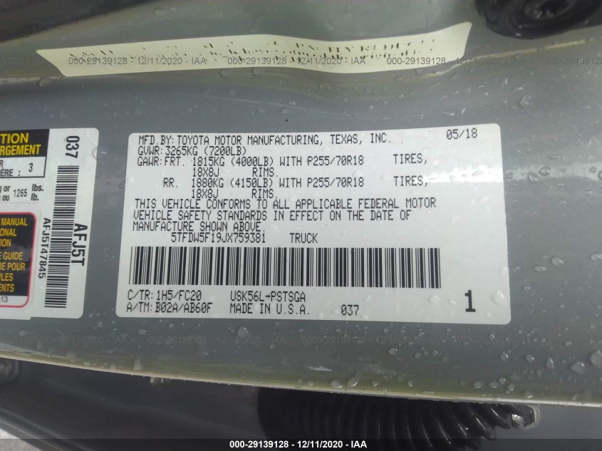 TOYOTA TUNDRA 4WD 5TFDW5F19JX759381