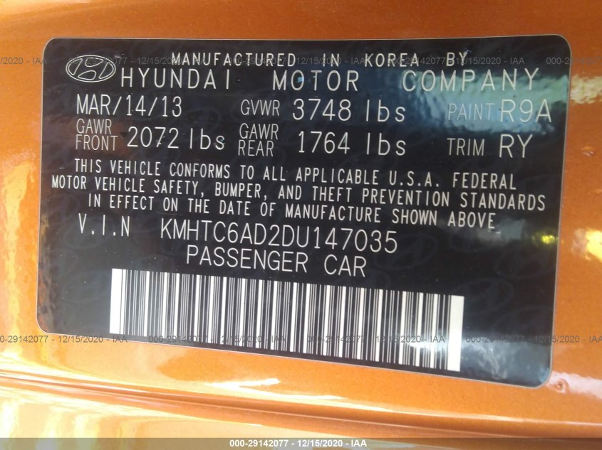 HYUNDAI VELOSTER KMHTC6AD2DU147035