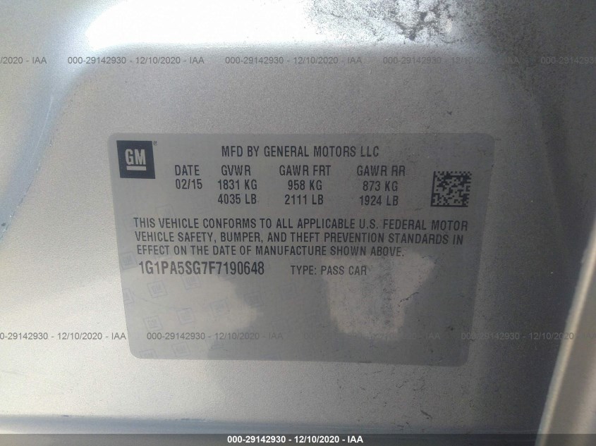 CHEVROLET CRUZE 1G1PA5SG7F7190648