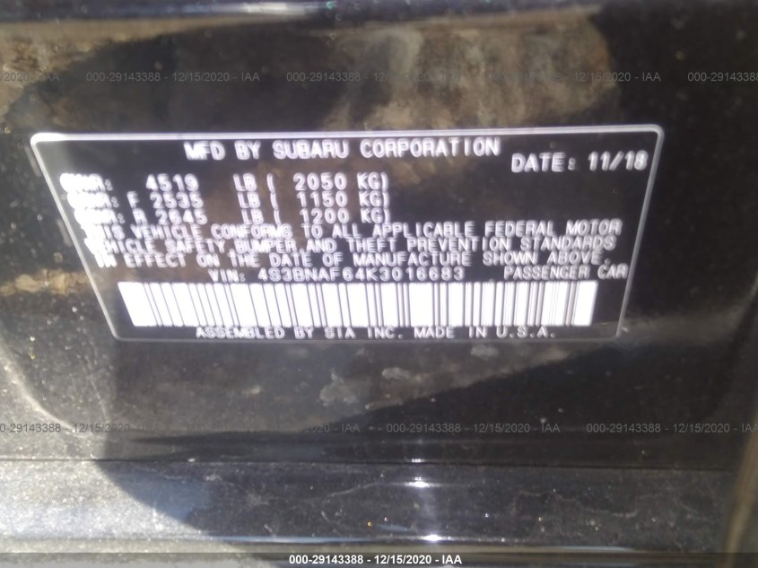 SUBARU LEGACY 4S3BNAF64K3016683