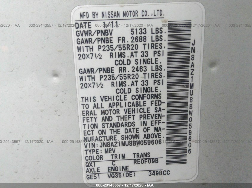 NISSAN MURANO JN8AZ1MU8BW059606