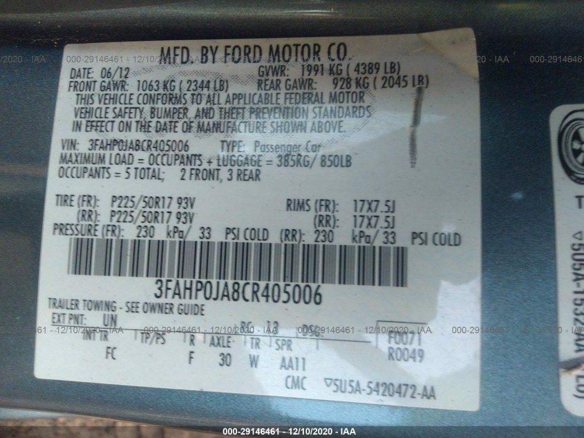 FORD FUSION 3FAHP0JA8CR405006