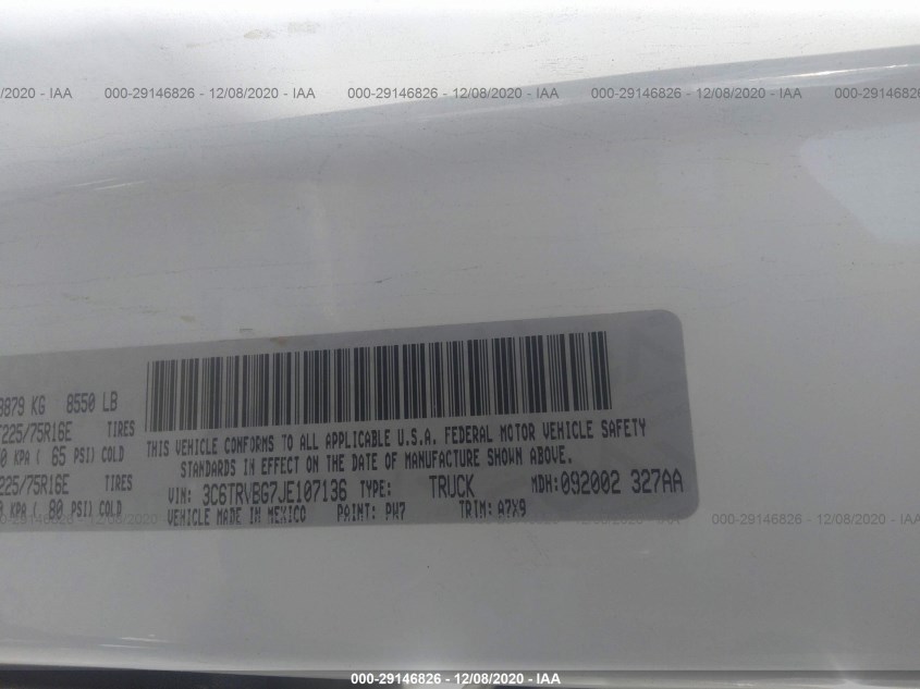 RAM PROMASTER CARGO VAN 3C6TRVBG7JE107136