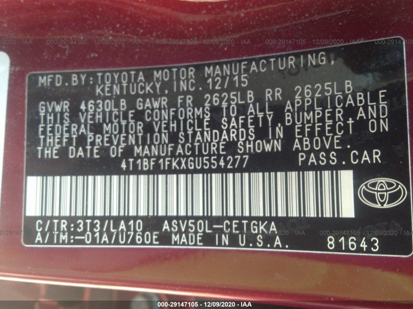 TOYOTA CAMRY 4T1BF1FKXGU554277