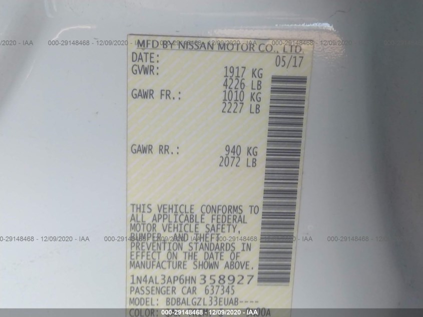 NISSAN ALTIMA 1N4AL3AP6HN358927