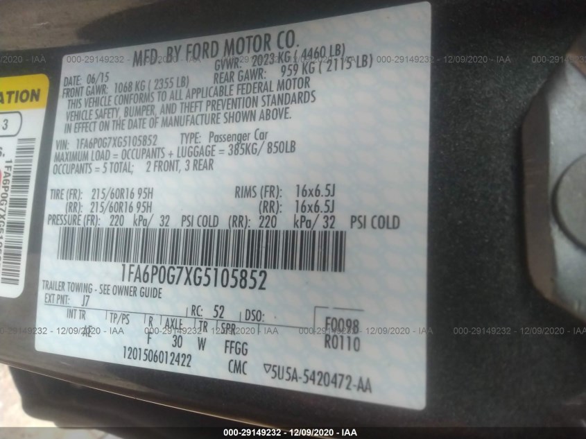 FORD FUSION 1FA6P0G7XG5105852