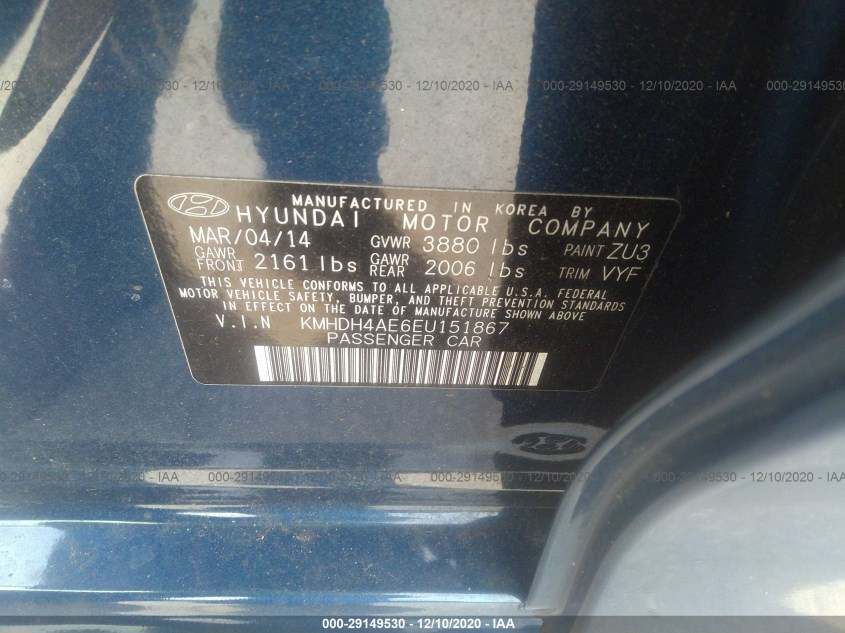 HYUNDAI ELANTRA KMHDH4AE6EU151867