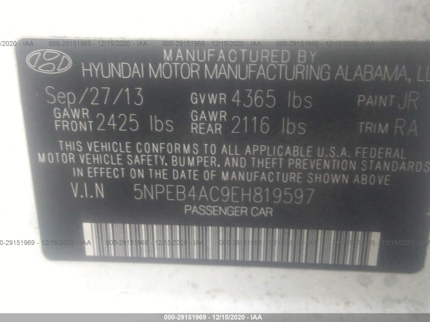HYUNDAI SONATA 5NPEB4AC9EH819597