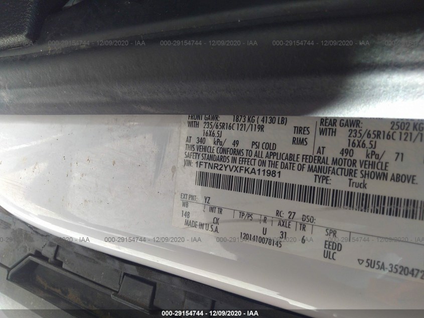 FORD TRANSIT CARGO VAN 1FTNR2YVXFKA11981