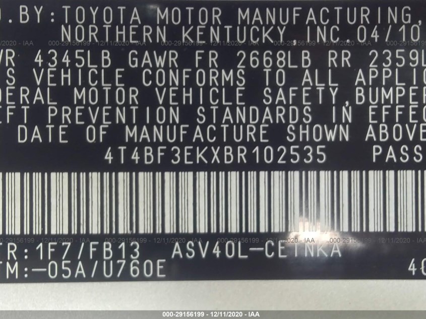 TOYOTA CAMRY 4T4BF3EKXBR102535