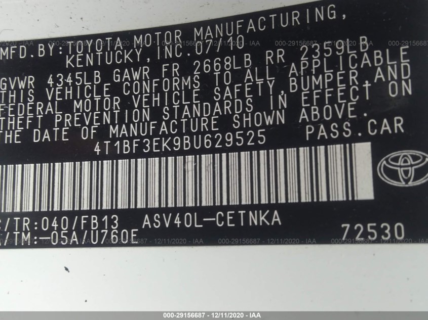 TOYOTA CAMRY 4T1BF3EK9BU629525