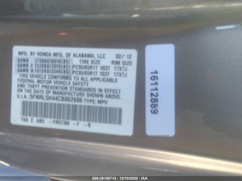 HONDA ODYSSEY 5FNRL5H44CB062686