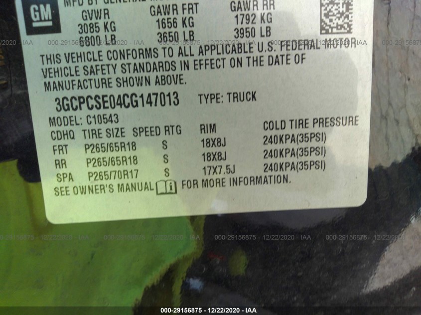 CHEVROLET SILVERADO 1500 3GCPCSE04CG147013