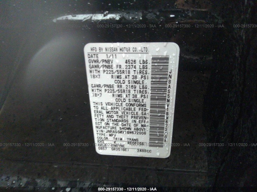 NISSAN ROGUE JN8AS5MV1BW672008