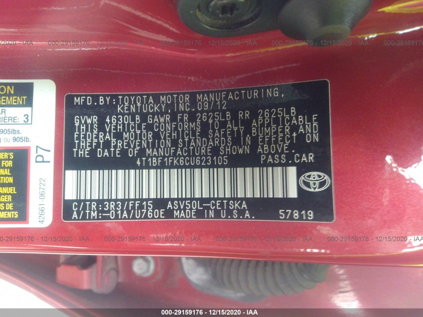 TOYOTA CAMRY 4T1BF1FK6CU623105