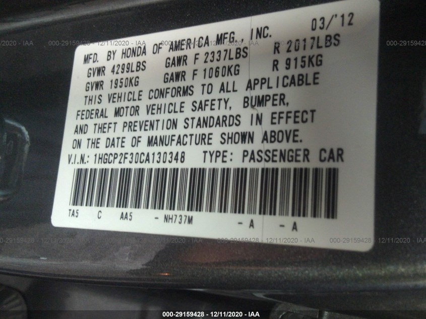 HONDA ACCORD SDN 1HGCP2F30CA130348
