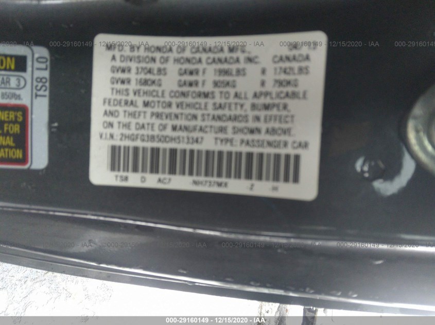 HONDA CIVIC CPE 2HGFG3B50DH513347