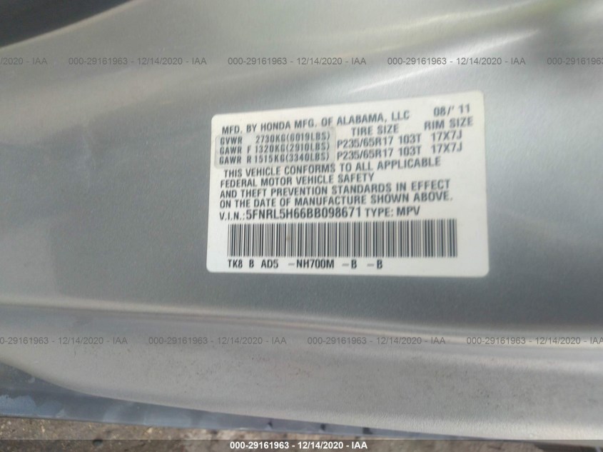HONDA ODYSSEY 5FNRL5H66BB098671
