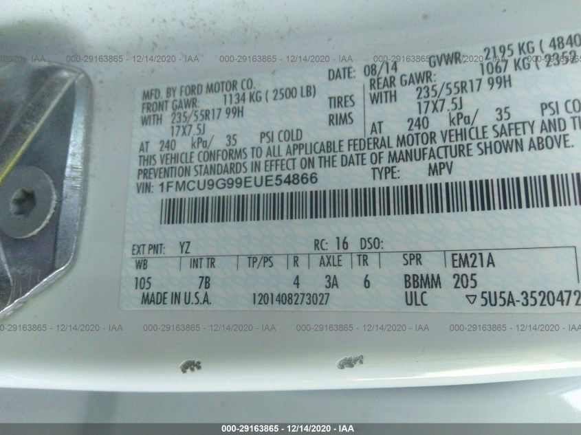 FORD ESCAPE 1FMCU9G99EUE54866