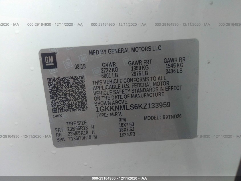 GMC ACADIA 1GKKNMLS6KZ133959