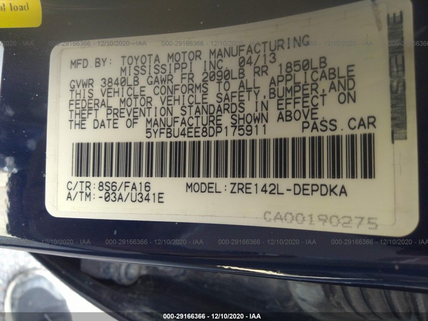 TOYOTA COROLLA 5YFBU4EE8DP175911
