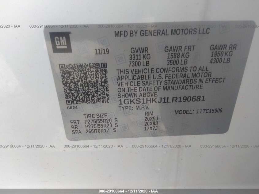 GMC YUKON XL 1GKS1HKJ1LR190681