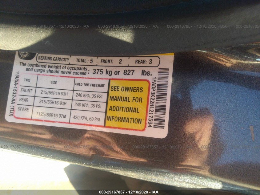 FORD FOCUS 1FADP3K22HL217594