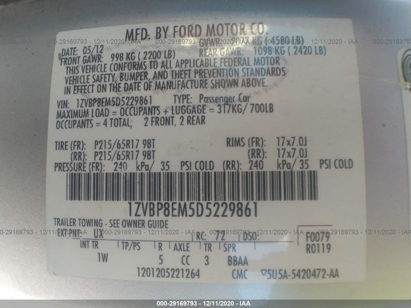 FORD MUSTANG 1ZVBP8EM5D5229861