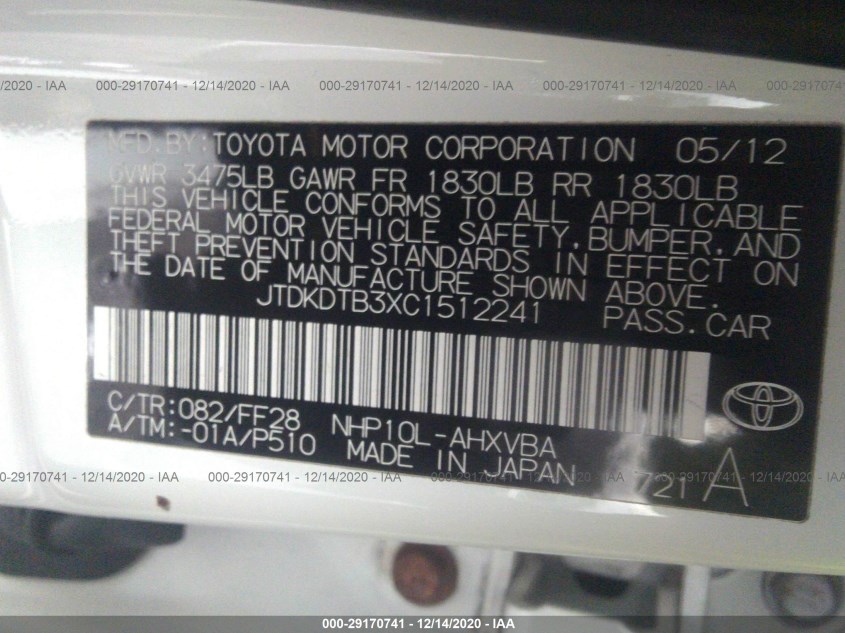 TOYOTA PRIUS C JTDKDTB3XC1512241