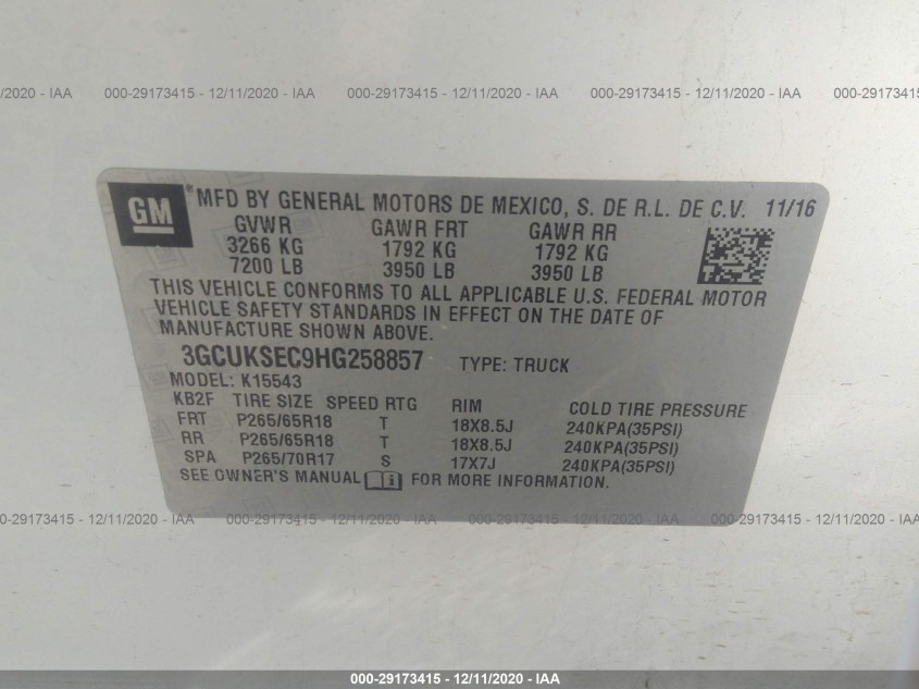 CHEVROLET SILVERADO 1500 3GCUKSEC9HG258857