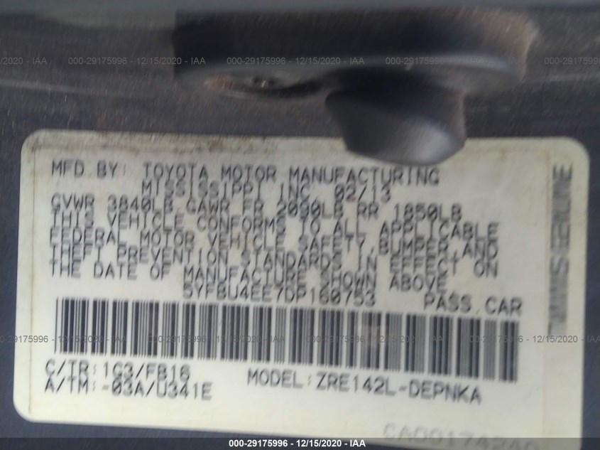 TOYOTA COROLLA 5YFBU4EE7DP160753