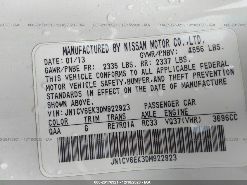 INFINITI G37 COUPE JN1CV6EK3DM922923