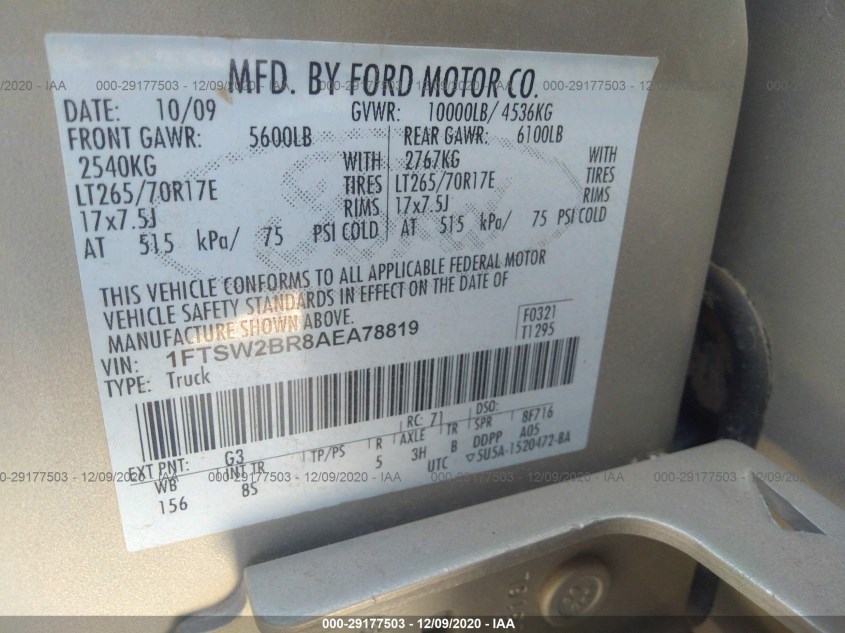 FORD SUPER DUTY F-250 1FTSW2BR8AEA78819
