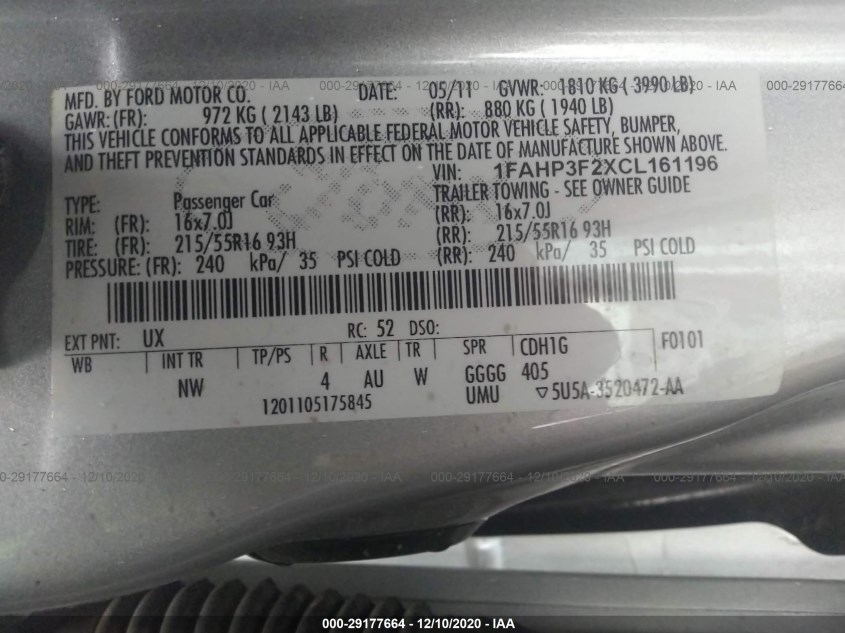 FORD FOCUS 1FAHP3F2XCL161196