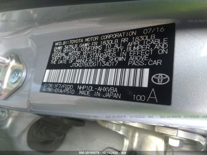 TOYOTA PRIUS C JTDKDTB32G1134017