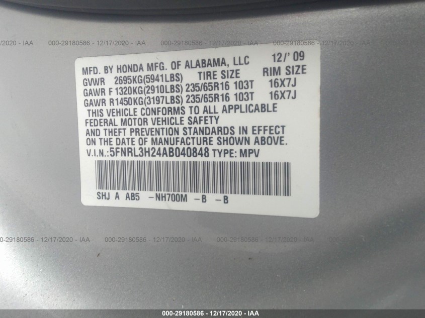 HONDA ODYSSEY 5FNRL3H24AB040848